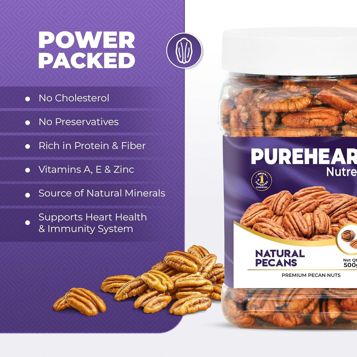 Pureheart Premium Pecan Nuts 180g | Premium Natural Pecans | Healthy Dry Fruits Snack | Rich in Protein, Fibre & Antioxidants | Ideal for Snacking & Baking