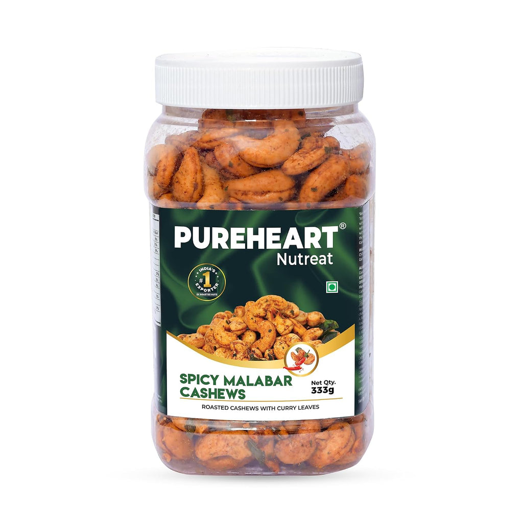 Pureheart Spicy Malabar Cashews 80g | Roasted Masala Kaju with Curry Leaves | Premium Crunchy Flavored Cashew Nuts | Healthy Snack, Protein Rich Dry Fruits | Spicy Roasted Nuts Pack