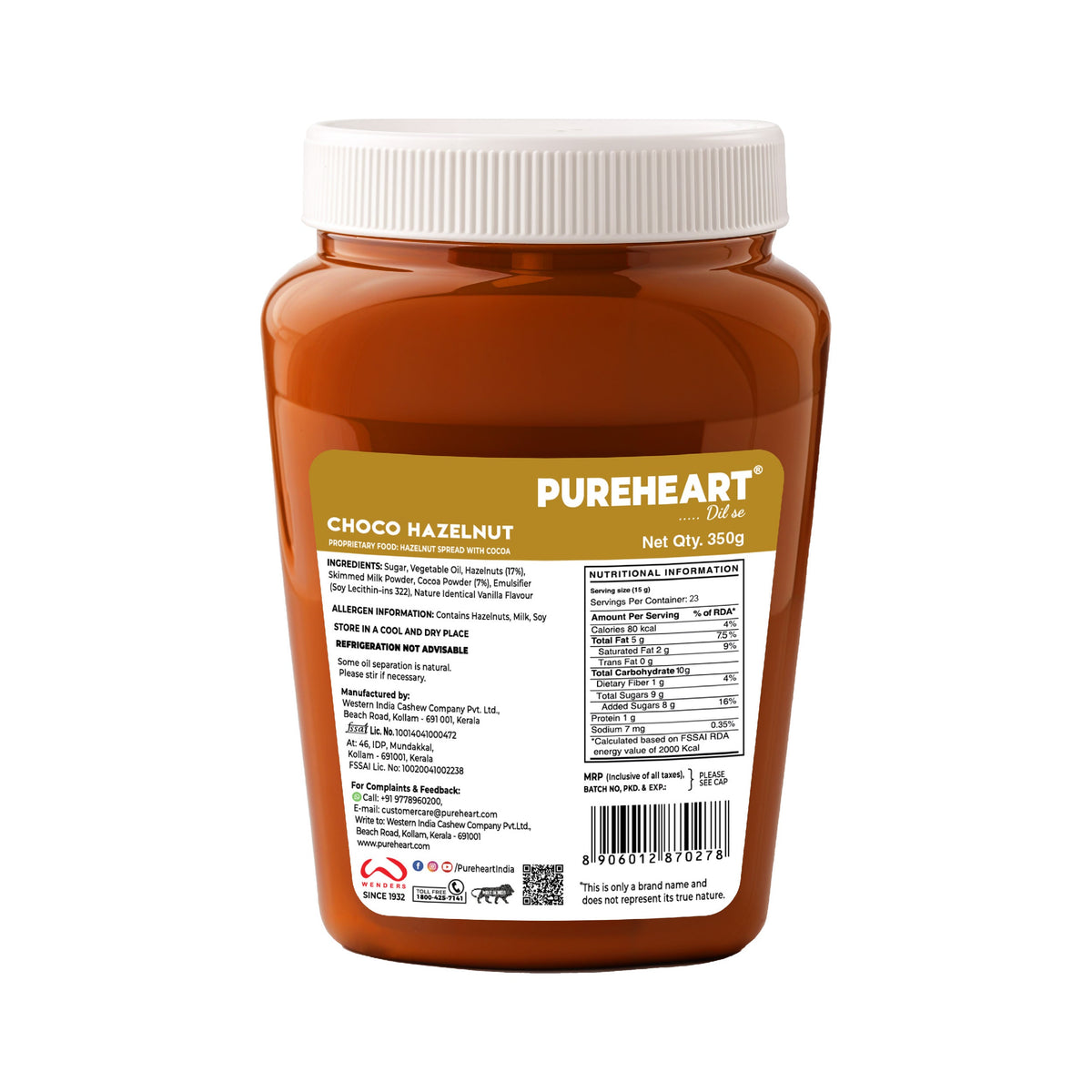 PUREHEART Nut Spread Choco Hazelnut 350 gm with water sipper bottle or DOMS Stationary Kit |Nutty, Smooth and Creamy Chocolate Hazelnut Spread for Breakfast | No. 1 Exporter of Roasted Nuts