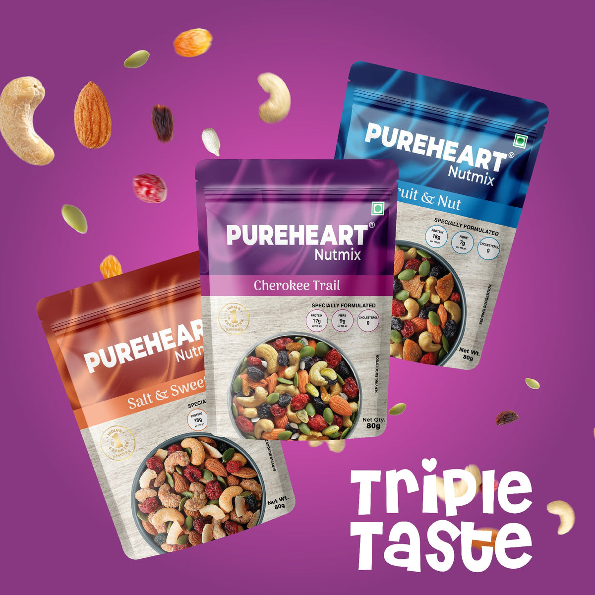 Pureheart Nutmix & Cherokee Trail Mix 80g Combo: Fruit & Nuts and Salt & Sweet Dry Fruit Snacks - Healthy On-the-Go Protein Pack
