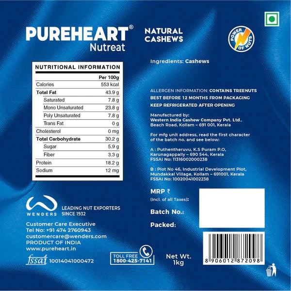 PUREHEART Nutreat Natural Cashews  Premium Whole Crunchy & Delicious Cashewnuts/Kaju/Dry Fruit