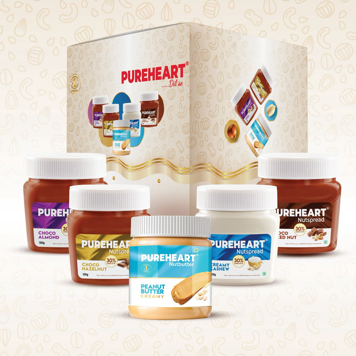 Pureheart Nut Spread Combo (5 Flavours) | Back to School Offer with FREE DOMS Kit, - Pencil, Color pencils, Crayons, Sketch , Sharpener  , Eraser, Scale  Time Table & Name Slip