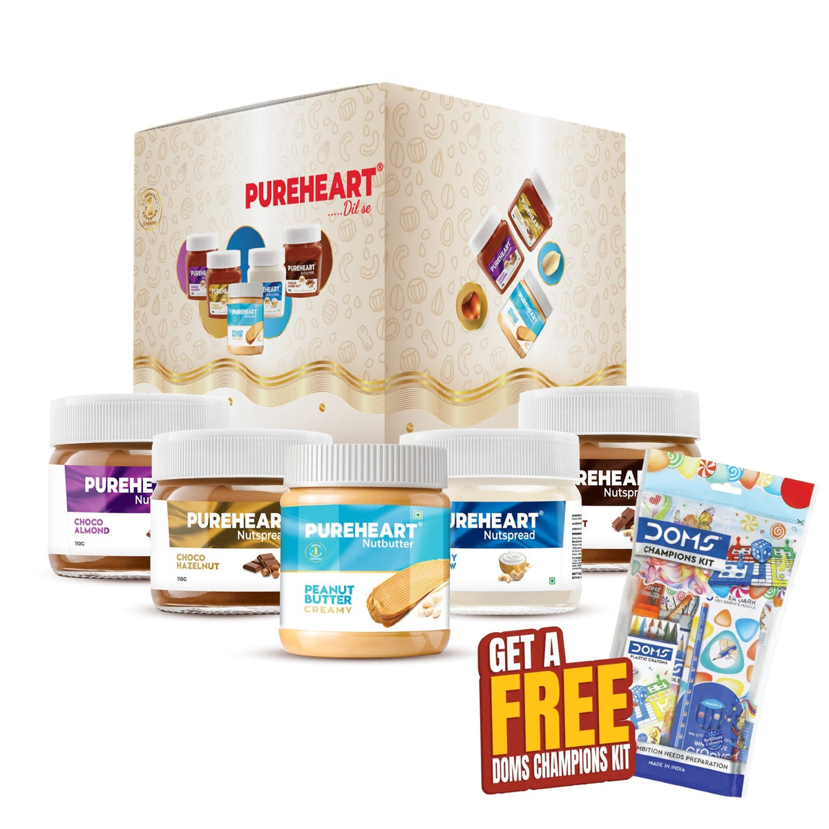 Pureheart Nut Spread Combo (5 Flavours) | Back to School Offer with FREE DOMS Kit, - Pencil, Color pencils, Crayons, Sketch , Sharpener  , Eraser, Scale  Time Table & Name Slip