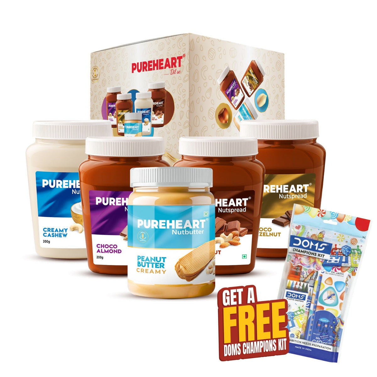 Pureheart Nut Spread Combo (5 Flavours) | Back to School Offer with FREE DOMS Kit, - Pencil, Color pencils, Crayons, Sketch , Sharpener  , Eraser, Scale  Time Table & Name Slip