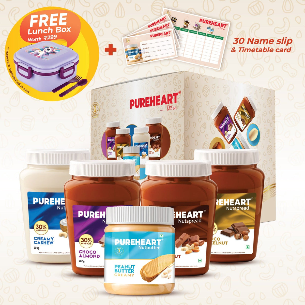 Pureheart Nut Spread Combo (5 Flavours) | Back to School Offer with FREE DOMS Kit, - Pencil, Color pencils, Crayons, Sketch , Sharpener  , Eraser, Scale  Time Table & Name Slip