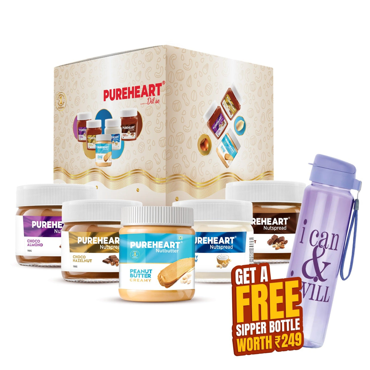 Pureheart Nut Spread Combo (5 Flavours) | Back to School Offer with FREE Water Sipper, Time Table & Name Slip