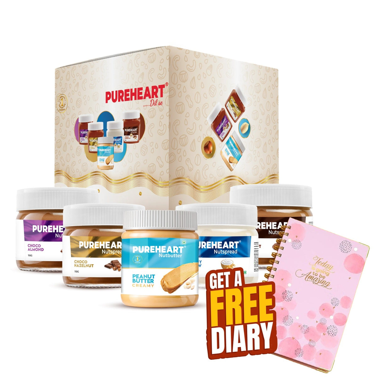Pureheart Nut Spread Combo (5 Flavours) | Back to School Offer with FREE Diary, Time Table & Name Slip