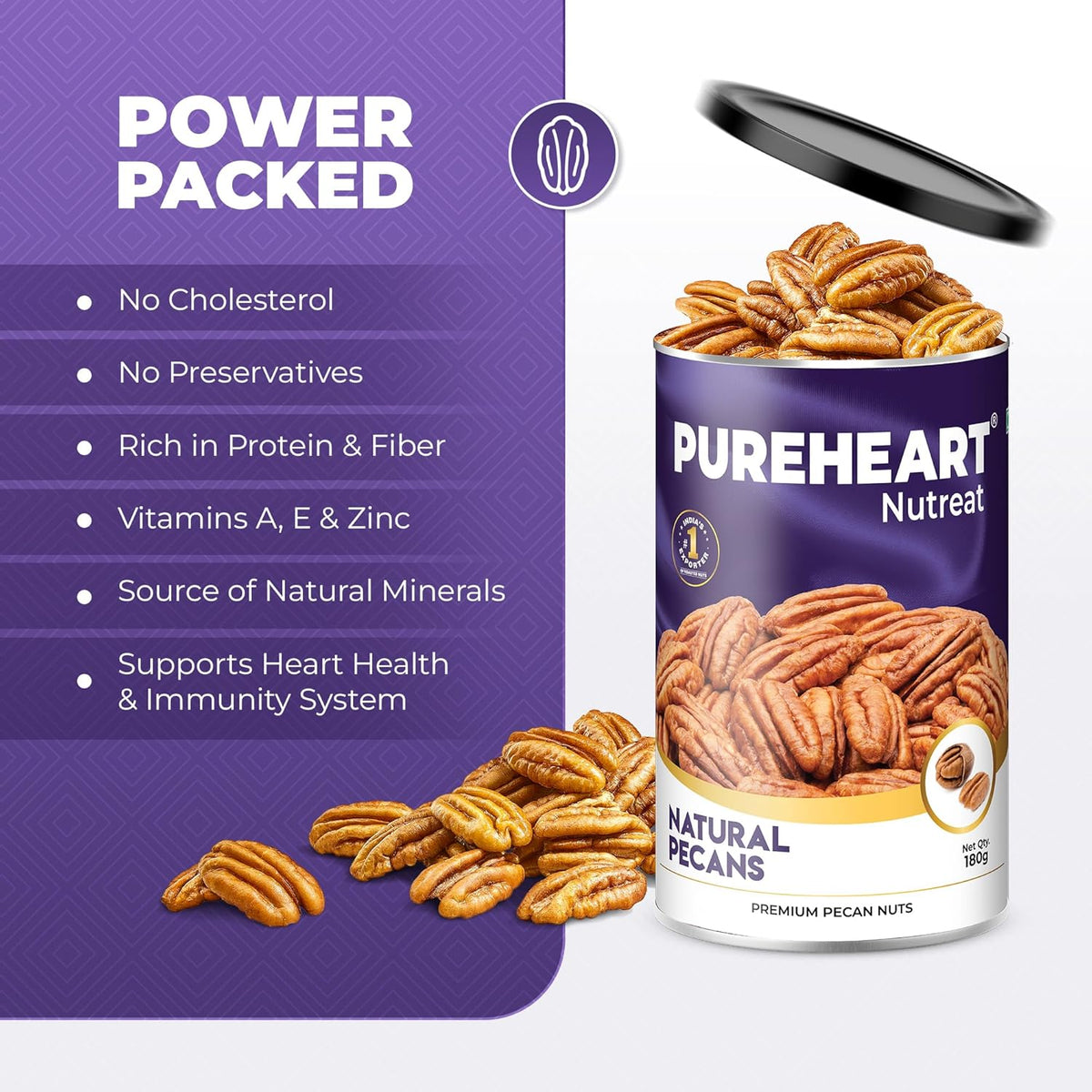 Pureheart Premium Pecan Nuts 180g | Premium Natural Pecans | Healthy Dry Fruits Snack | Rich in Protein, Fibre & Antioxidants | Ideal for Snacking & Baking