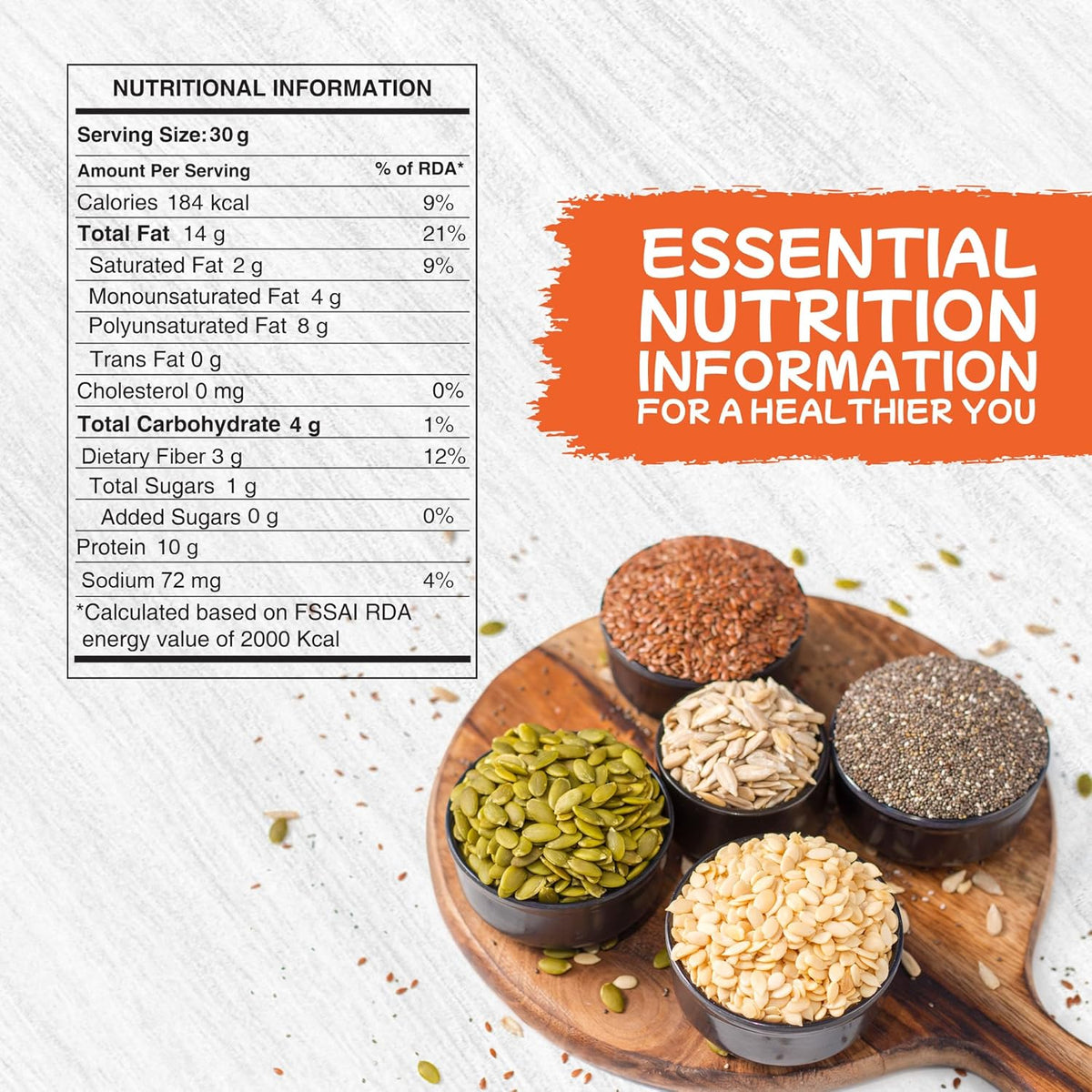 PUREHEART Prairie Trail 5-Seed Mix – Flax, Chia, Pumpkin, Sunflower & Watermelon Seeds | High Protein, Omega-3, Fiber | Healthy Crunchy Snack & Salad Topping | Gluten-Free & Nutritional